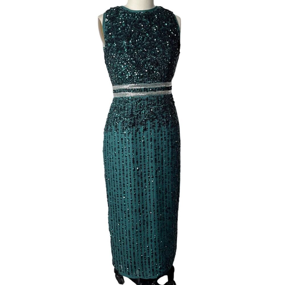 Mac Duggal Emerald Green Sequin Beaded Column Midi Dress Size 4 Evening Cocktail